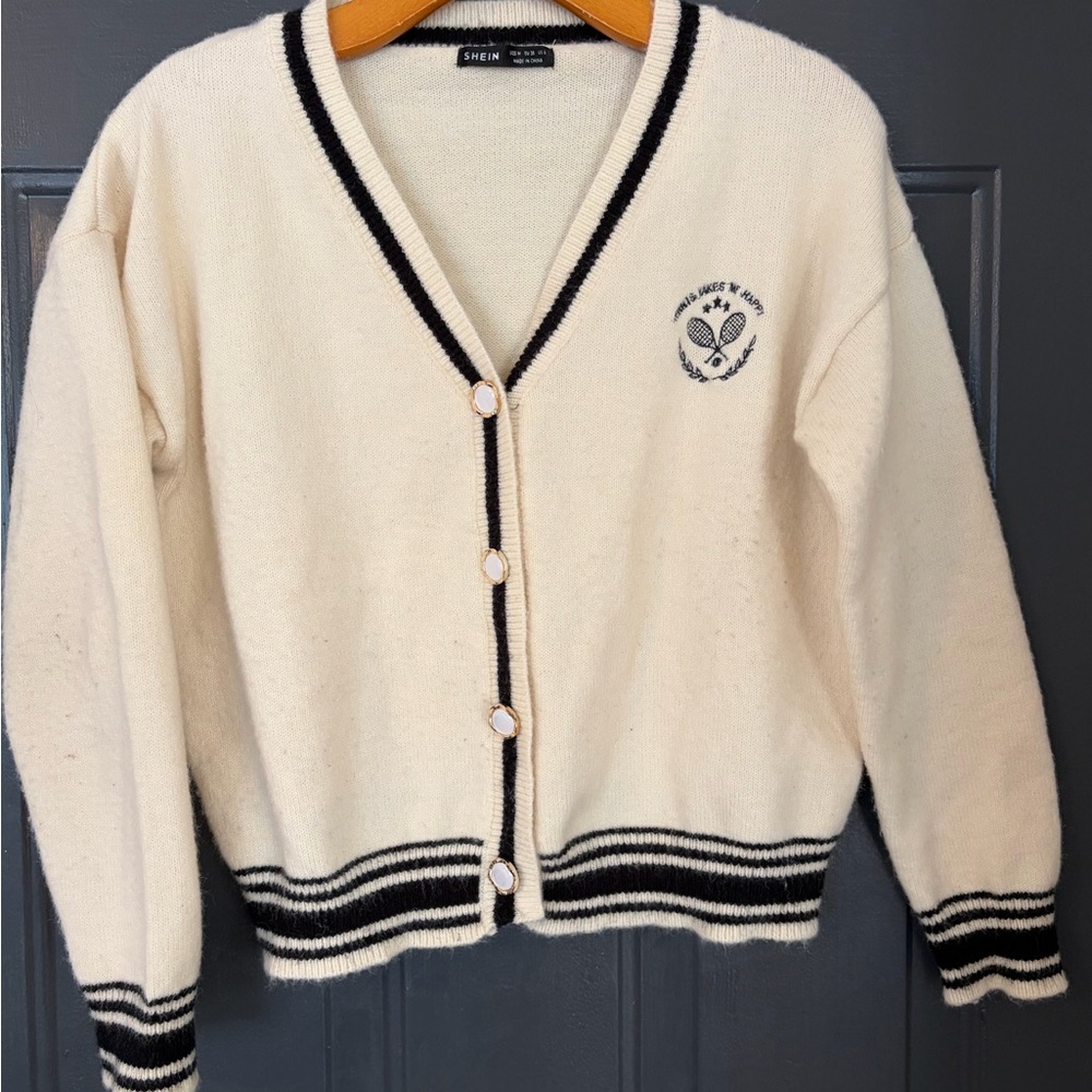 SHEIN Women's Cream Cardigan Sweater and Pants with Black Trim